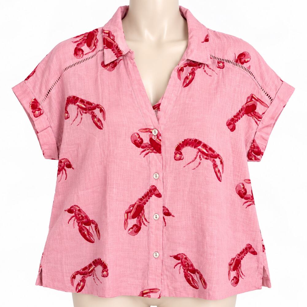 Jane + Delancey Pink Lobster Print Linen Blend Button Down Shirt S